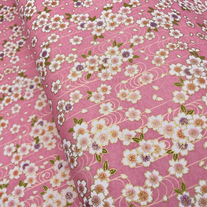 Japanese Yuzen Washi Paper -Cherry Blossoms & Flowing Water - Pink - Y1465