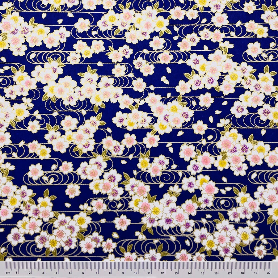 Japanese Yuzen Washi Paper -Cherry Blossoms & Flowing Water - Navy Blue - Y1466
