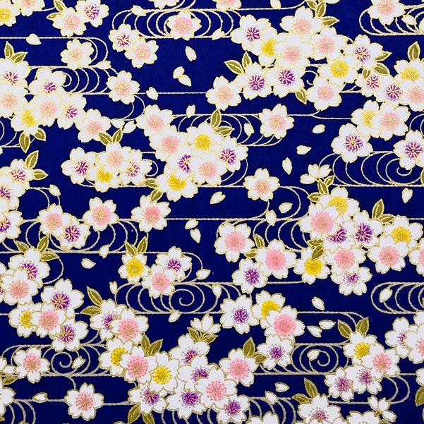 Japanese Yuzen Washi Paper -Cherry Blossoms & Flowing Water - Navy Blue - Y1466
