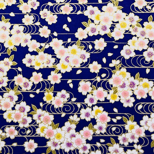 Japanese Yuzen Washi Paper -Cherry Blossoms & Flowing Water - Navy Blue - Y1466