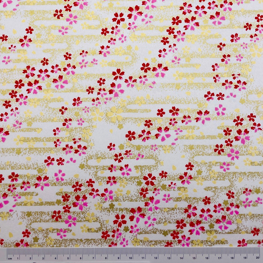 Japanese Yuzen Washi Paper -Cherry Blossoms in Golden Mist - Pearl White - Y1467