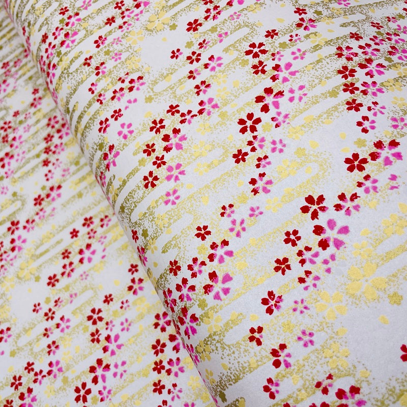 Japanese Yuzen Washi Paper -Cherry Blossoms in Golden Mist - Pearl White - Y1467