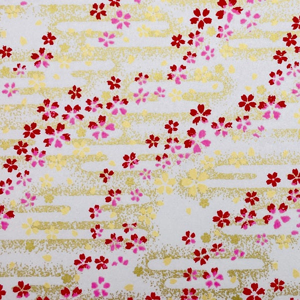 Japanese Yuzen Washi Paper -Cherry Blossoms in Golden Mist - Pearl White - Y1467