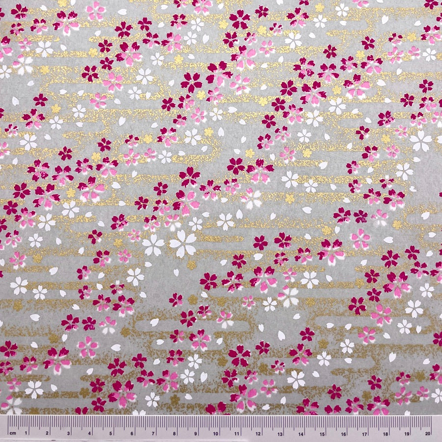 Japanese Yuzen Washi Paper -Cherry Blossoms in Golden Mist - Light Grey - Y1468