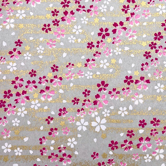 Japanese Yuzen Washi Paper -Cherry Blossoms in Golden Mist - Light Grey - Y1468