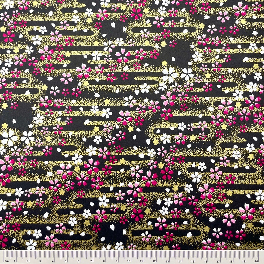 Japanese Yuzen Washi Paper -Cherry Blossoms in Golden Mist - Black - Y1469