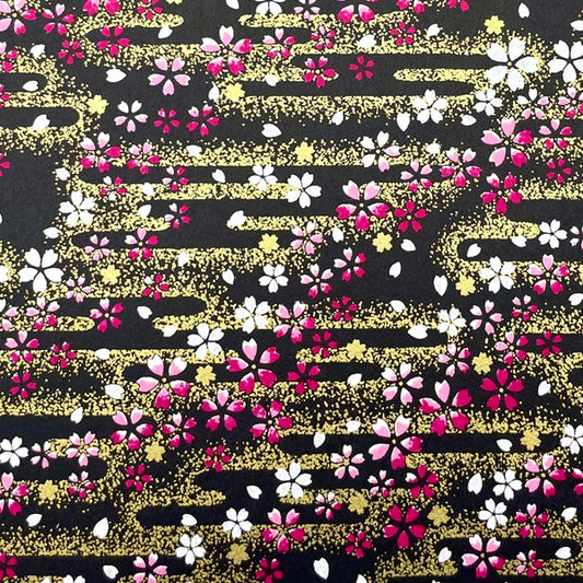 Japanese Yuzen Washi Paper -Cherry Blossoms in Golden Mist - Black - Y1469