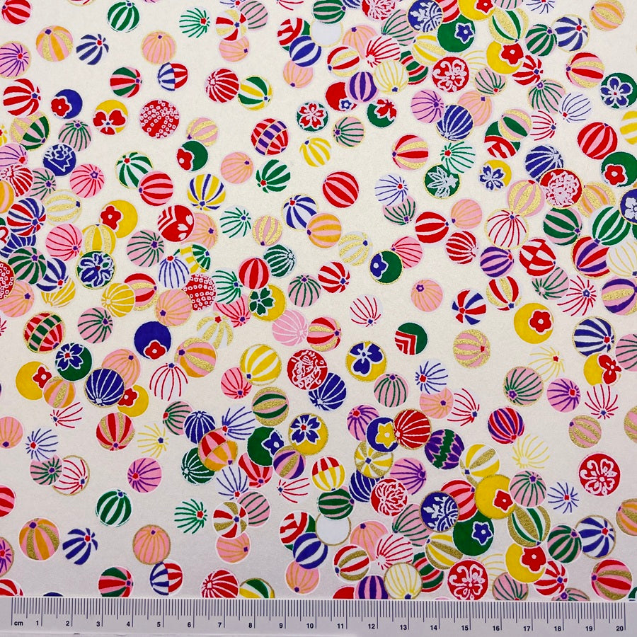 Japanese Yuzen Washi Paper -Colorful Temari Balls - Pearl White - Y1473