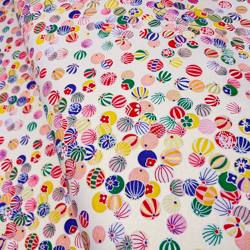 Japanese Yuzen Washi Paper -Colorful Temari Balls - Pearl White - Y1473
