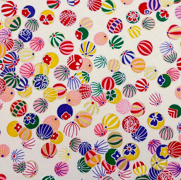 Japanese Yuzen Washi Paper -Colorful Temari Balls - Pearl White - Y1473