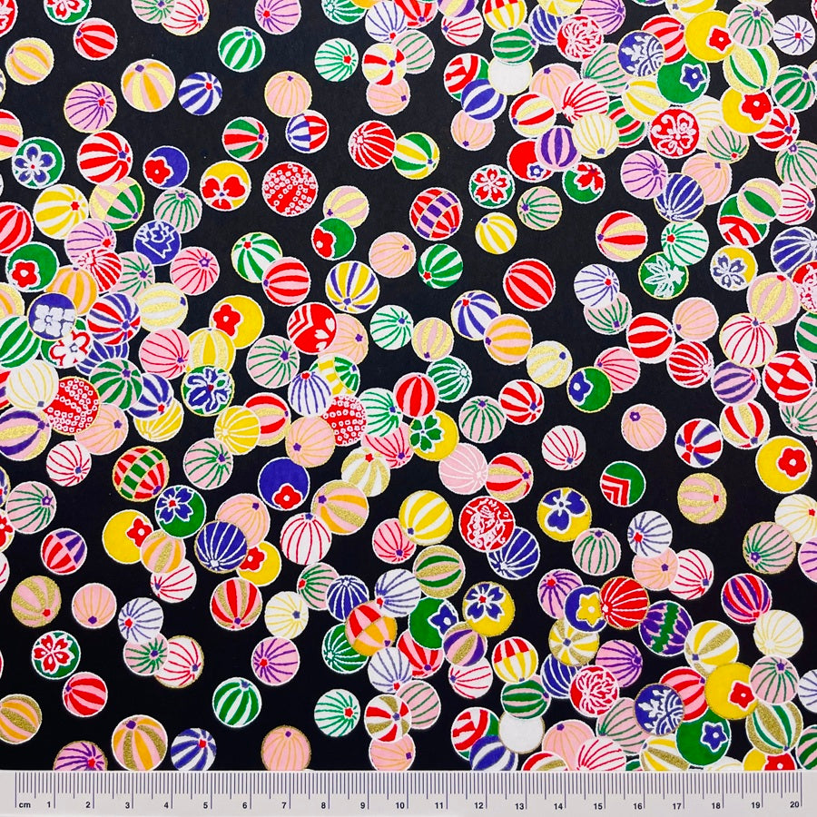 Japanese Yuzen Washi Paper -Colorful Temari Balls - Black - Y1474