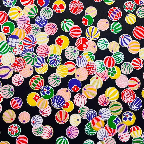 Japanese Yuzen Washi Paper -Colorful Temari Balls - Black - Y1474