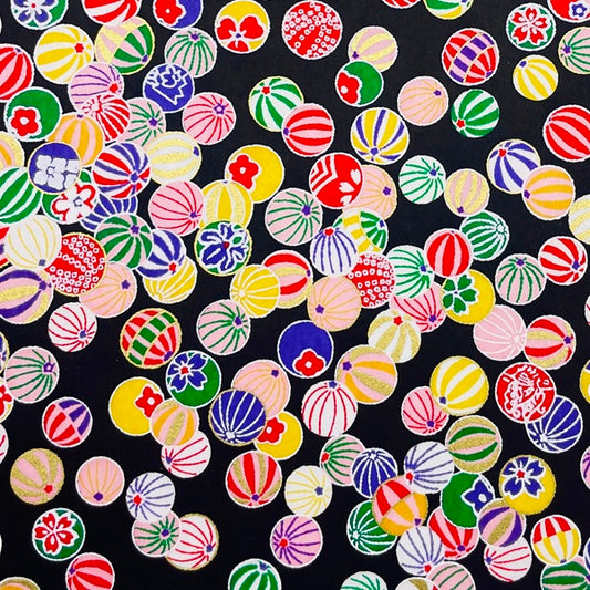 Japanese Yuzen Washi Paper -Colorful Temari Balls - Black - Y1474