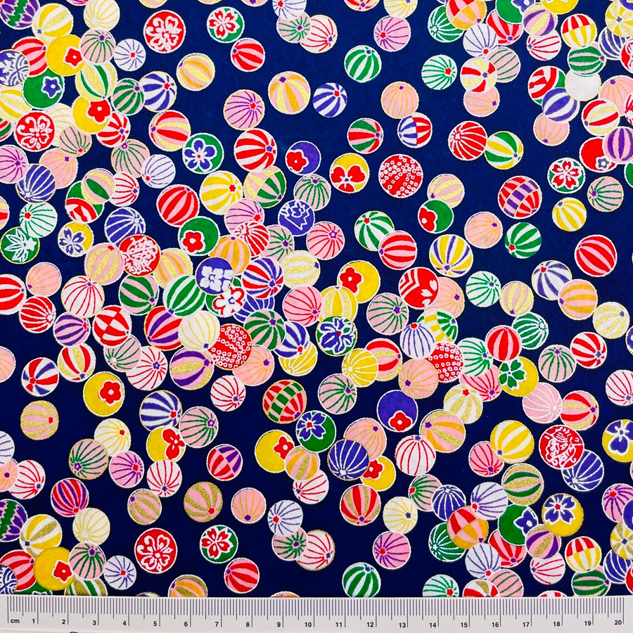 Japanese Yuzen Washi Paper -Colorful Temari Balls -　Navy Blue - Y1476