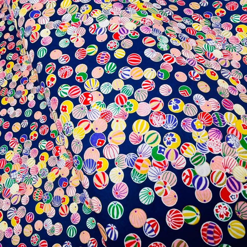 Japanese Yuzen Washi Paper -Colorful Temari Balls -　Navy Blue - Y1476