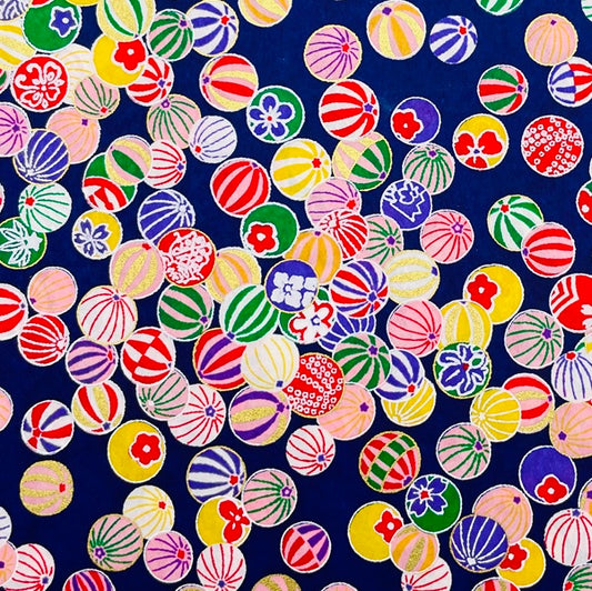 Japanese Yuzen Washi Paper -Colorful Temari Balls -　Navy Blue - Y1476