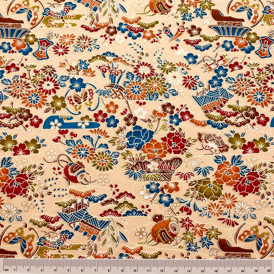 Yuzen Washi - Bingata Style Floral Design - Beige - Y1478