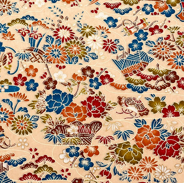 Yuzen Washi - Bingata Style Floral Design - Beige - Y1478