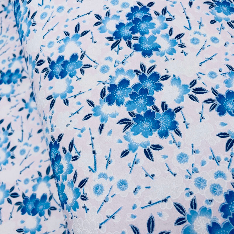 Yuzen Washi - Blue Cherry Blossoms - Pale Pink - Y1480