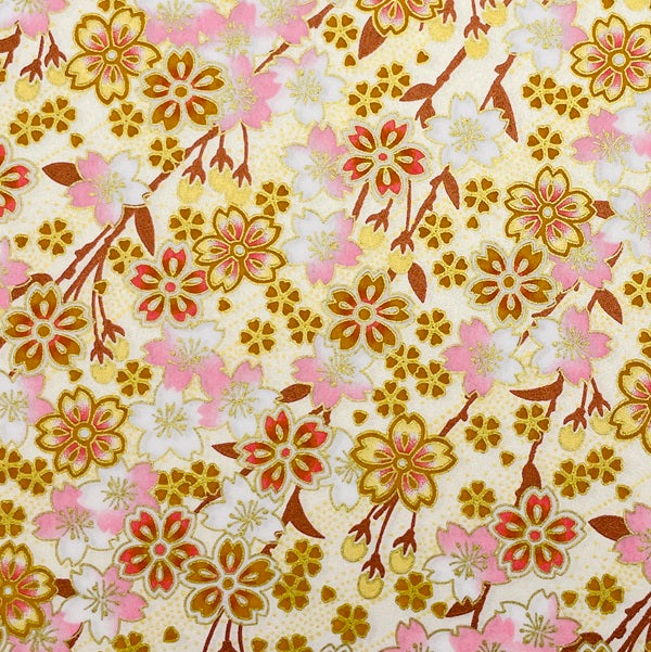 Yuzen Washi - Cherry Blossoms - Pearl White, Pink, Gold, Brown - Y1484