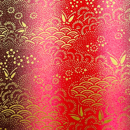 Yuzen Washi - Gold Floral Patterns - Red, Pink & Purple Gradient - Y1490